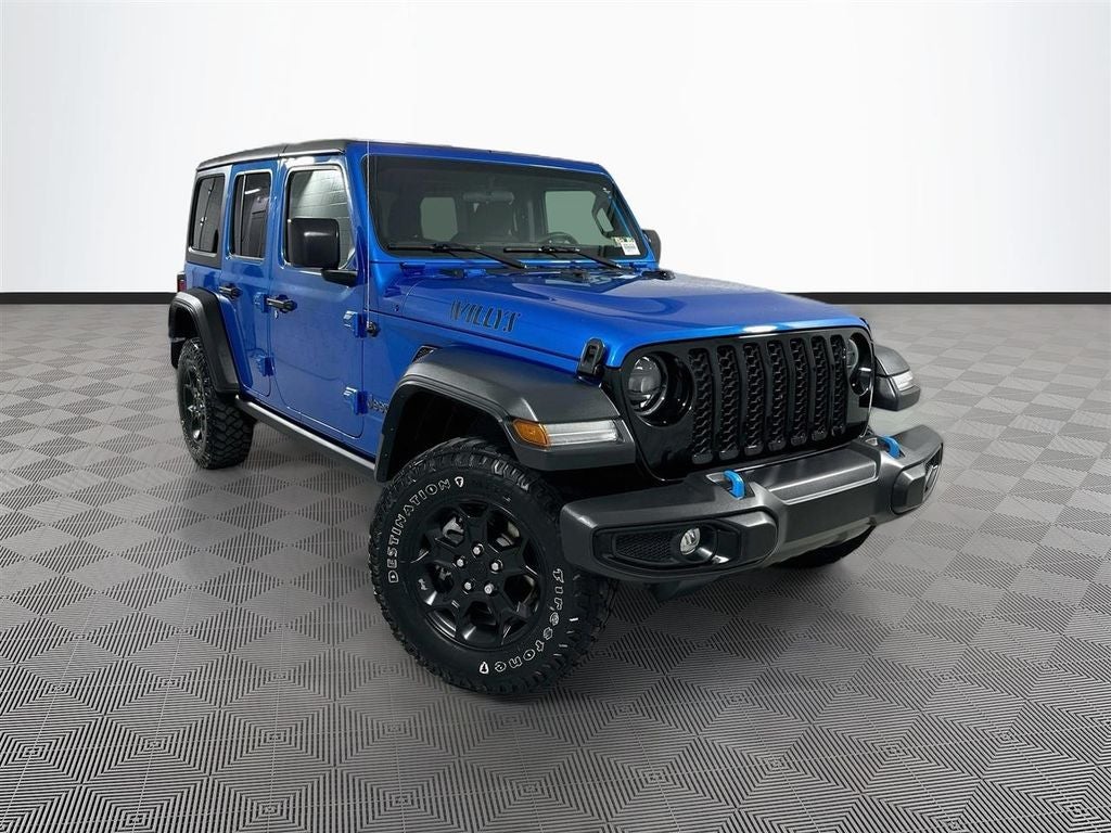 2023 Jeep Wrangler Willys 4xe in Hydro Blue Pearlcoat — front three-quarter view