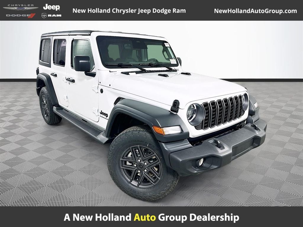 2026 Jeep Wrangler Sport S in Bright White Clear-Coat Exterior Paint — front three-quarter view
