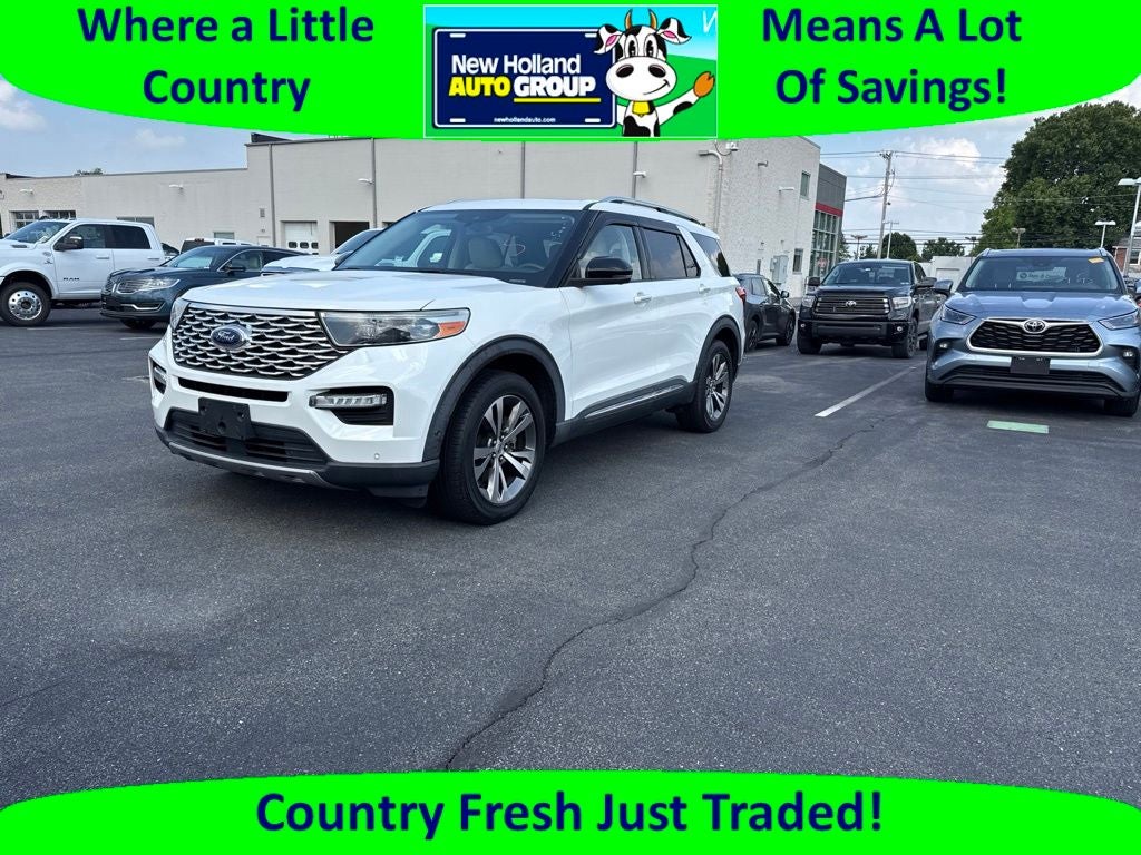 2020 Ford Explorer Platinum in White Metallic — front three-quarter view
