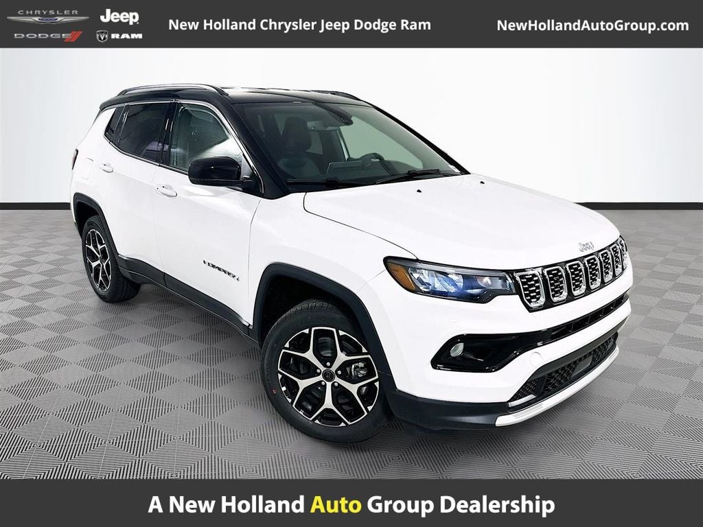2026 Jeep Compass Limited in Bright White Clear-Coat Exterior Paint — front three-quarter view